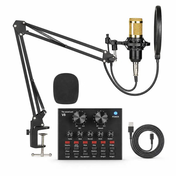 V8 BM-800 Podcast Condenser Microphone Set with Rechargeable Live Sound Card