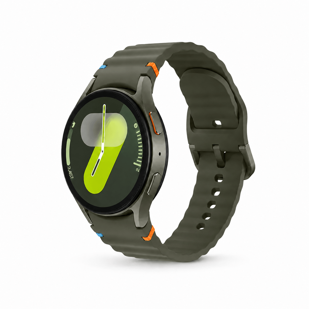 A rugged smartwatch with a dark olive green silicone strap and a black circular face, shown on a clean white background. The watch has small orange and blue accent details on the strap and casing.