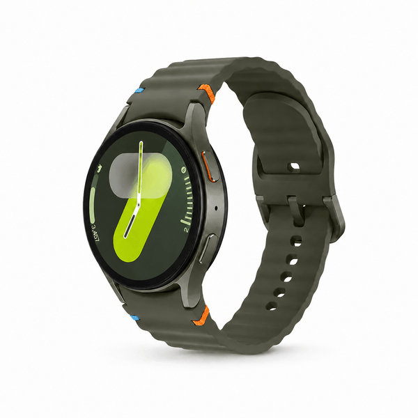 A rugged smartwatch with a dark olive green silicone strap and a black circular face, shown on a clean white background. The watch has small orange and blue accent details on the strap and casing.