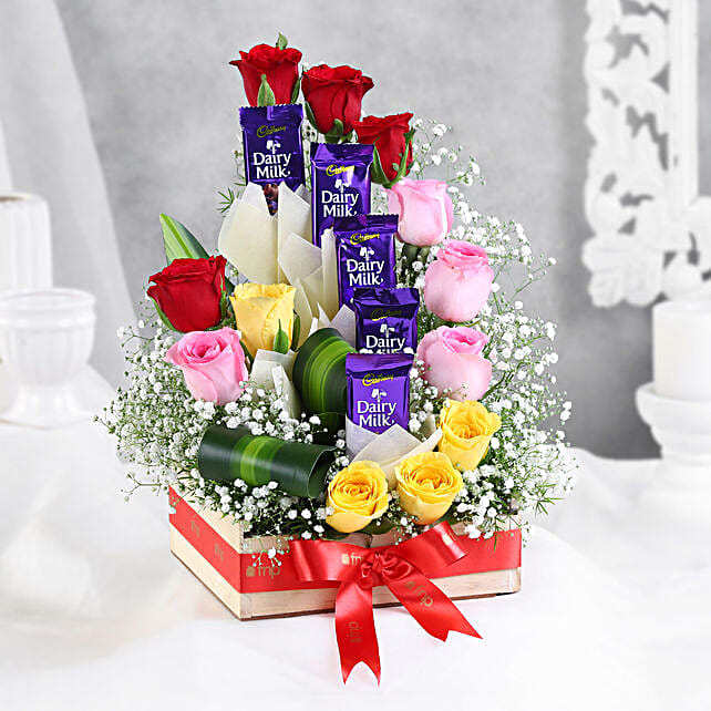 Mixed Roses Arrangement with Dairy Milk