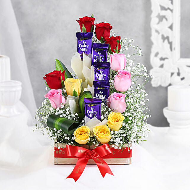 Mixed Roses Arrangement with Dairy Milk